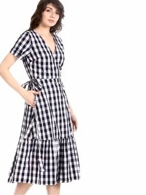 GAP Gingham Wrap Midi Dress Ruffle Hem Cotton Navy Blue White Gingham Size M